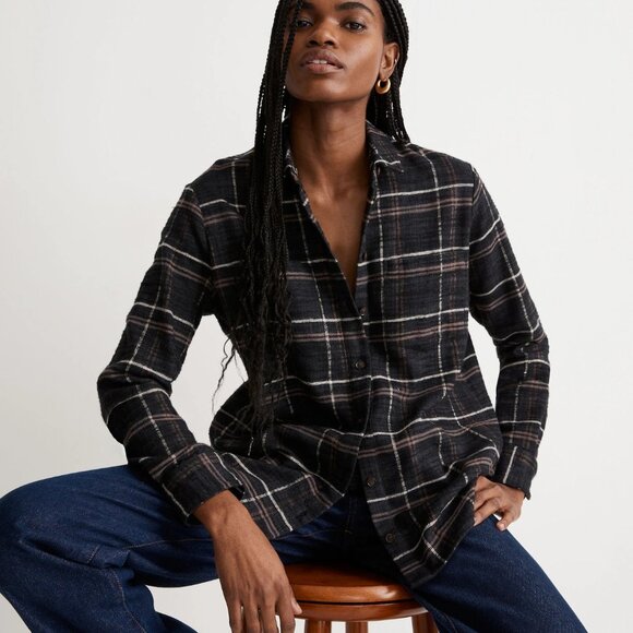 Madewell Tops - Madewell | Lightweight Slub Flannel Sunday Shacket with Pockets |  Black Coal